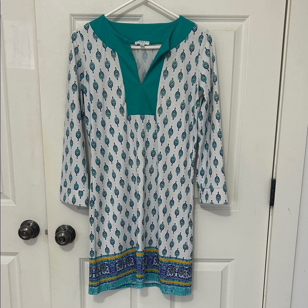 Cabana Life White Dress with Teal Trim and Blue-Green Border